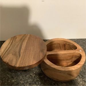 New Acacia Wood Divided Salt Cellar with Swivel Cover /Lid 6”x6”x3”